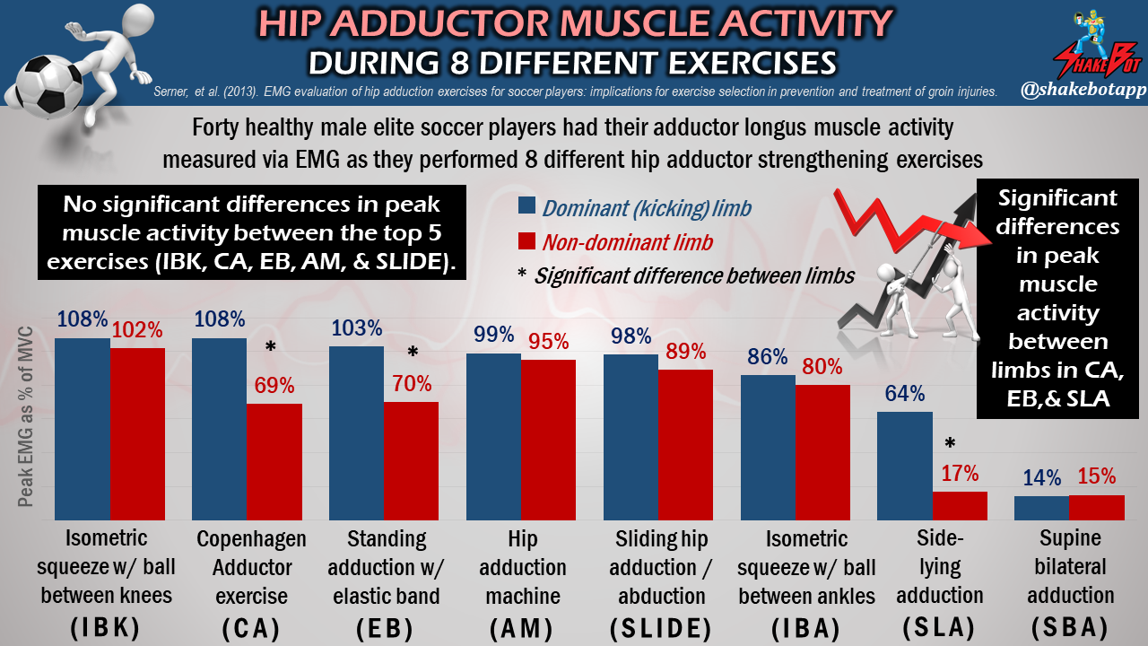 Muscle activity during 8 difference hip adduction exercises